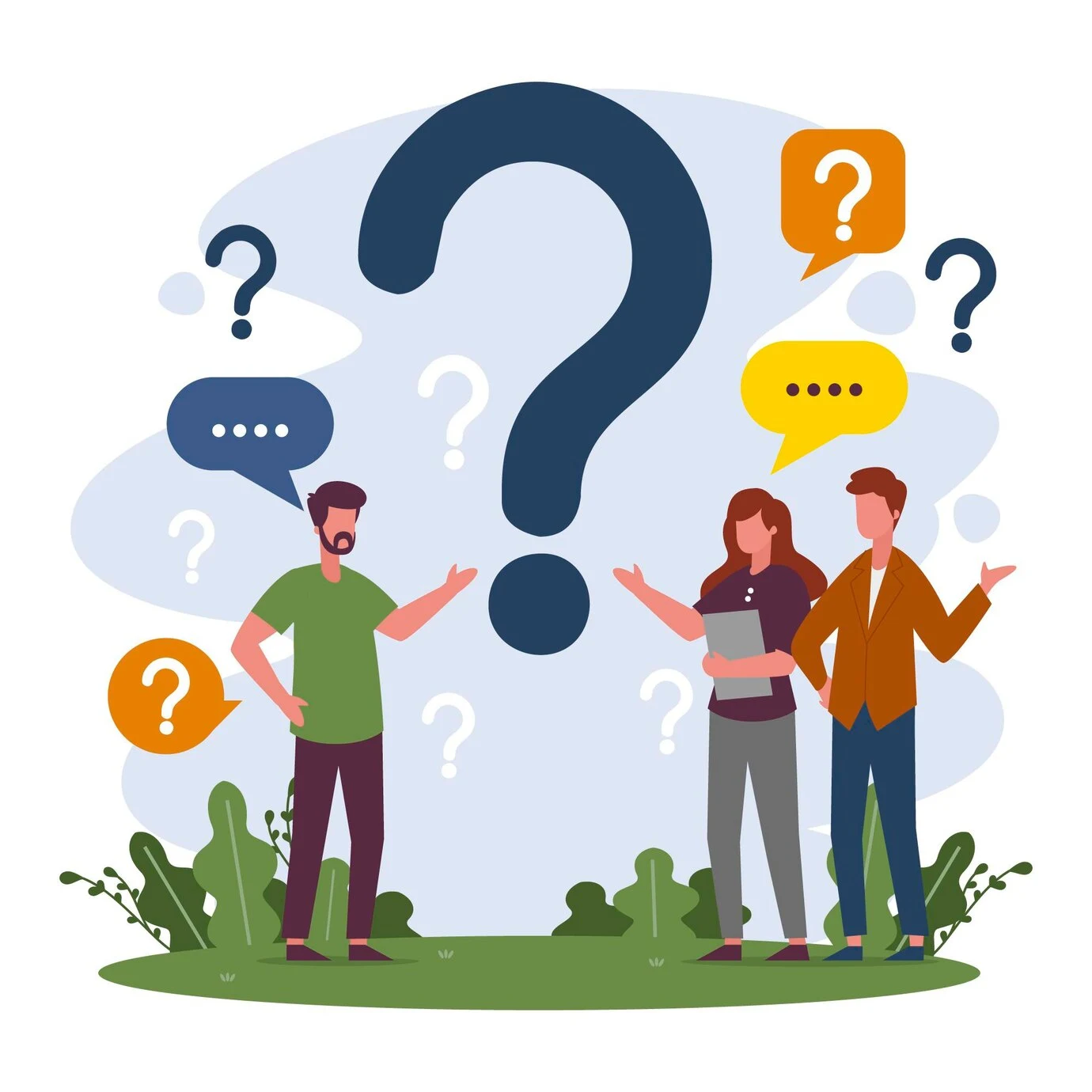 Illustration of people asking questions and discussing ideas with large question marks, representing problem solving, communication, and teamwork.
